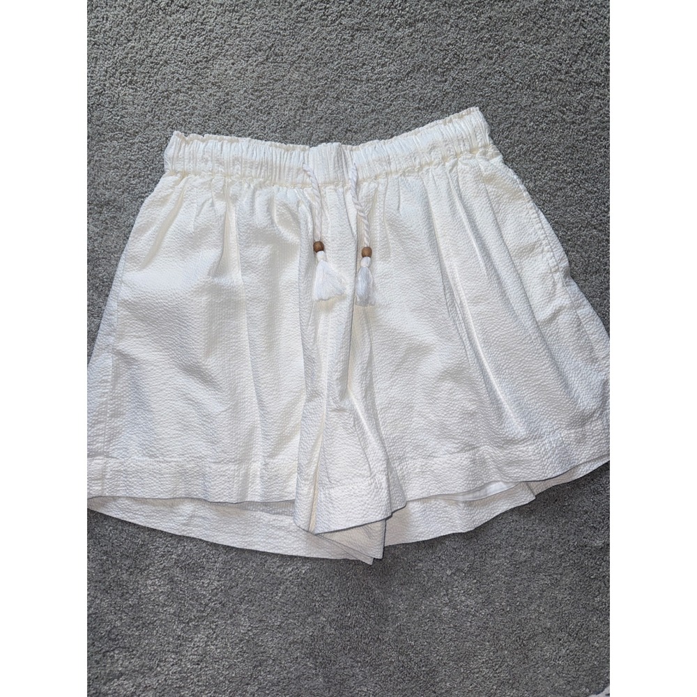 Faherty White Seersucker Tassel Drawstring Shorts Womens Size Medium Pockets